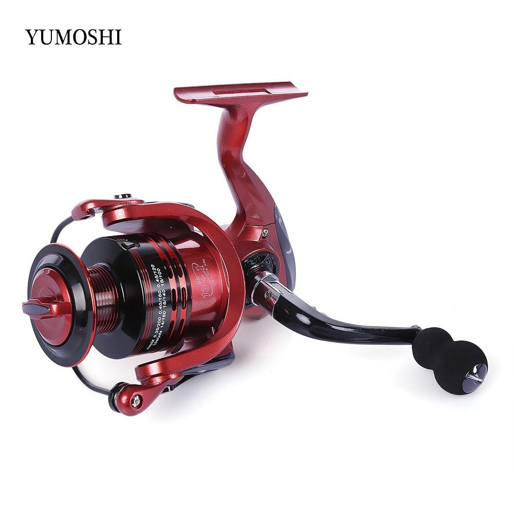 YUMOSHI 13+1BB Full Metal Spinning Fishing Reel 4.7:1/5.5:1 Gear Ratio Pesca Aluminum Spool  Tackle With Foldable Handle