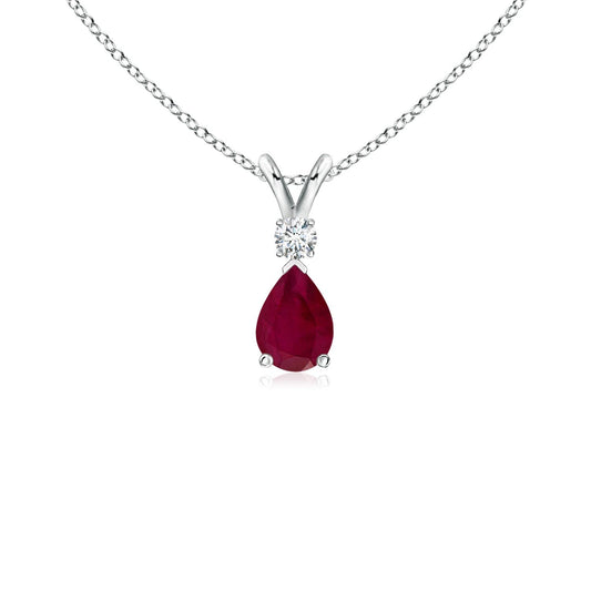 Angara Natural Ruby Solitaire Pendant for Women | Prong-Set Ruby Teardrop V-Bale Pendant with Diamond in 14K Solid Gold/Silver/Platinum With 18" Chain | July Birthday, Gemstone Jewelry Gift