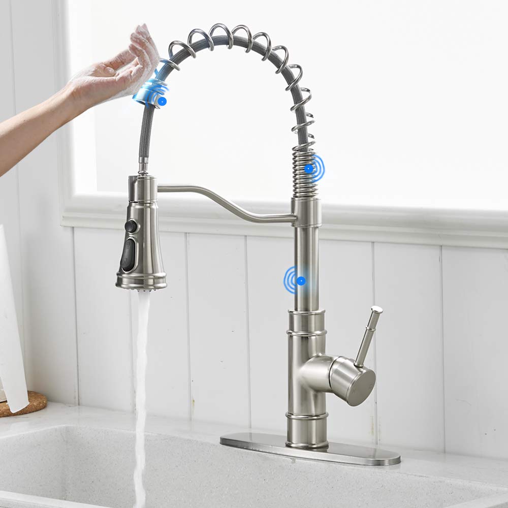 OWOFAN Kitchen Faucet with Pull Down Sprayer Brushed Nickel Stainless Steel 1 Handle Pull Out Spring Sink Faucets 1 Hole Or 3 Hole Dual Function for Farmhouse Camper Laundry Utility Rv Wet Bar