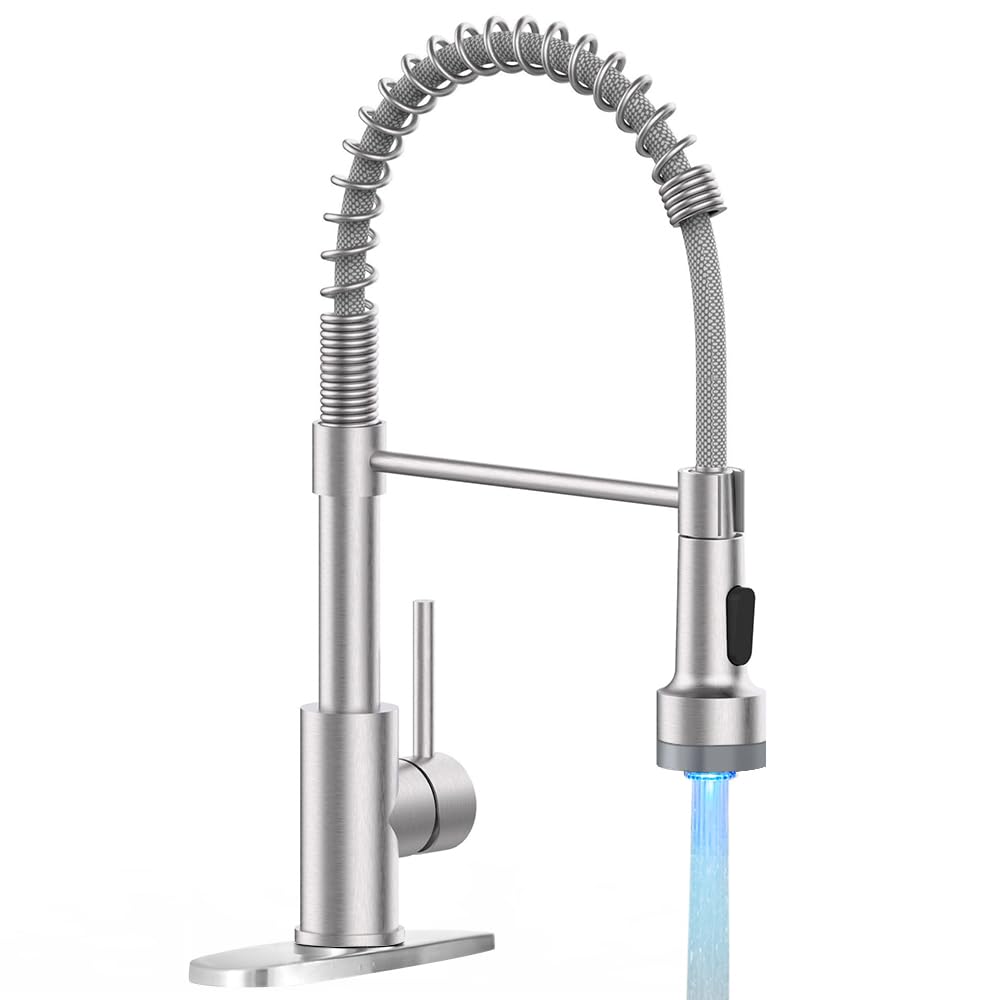 OWOFAN Kitchen Faucet with Pull Down Sprayer Brushed Nickel Stainless Steel 1 Handle Pull Out Spring Sink Faucets 1 Hole Or 3 Hole Dual Function for Farmhouse Camper Laundry Utility Rv Wet Bar