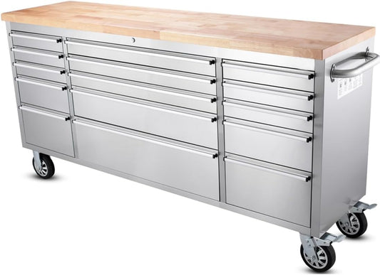 72 inch Tool Chest with 15 Drawers for Garage, Workbench and Repair Store, Tool Cabinet in Stainless Steel (72 inch - Stainless Steel)