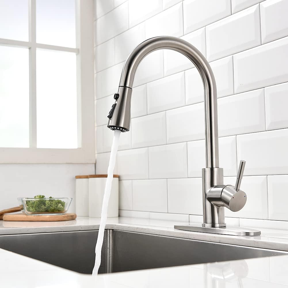 OWOFAN Brushed Nickel Kitchen Faucets Pull Down Sprayer Kitchen Sink Faucet Pull Out Sprayer 1 Hole 1 Handle Stainless Steel 68R-866068SN