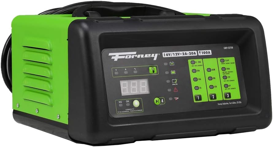 Forney 52750 Battery Charger, 6-Volts at 2, 10 and 20 Amps and 12-Volts at 2, 10, 20 and 100 Amps Start, black/green