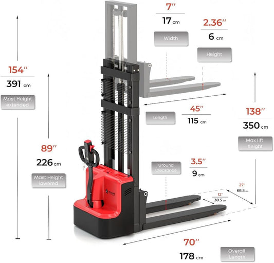 Full Electric Forklift Walkie Pallet Stacker with Fixed Narrow Legs and Adjustable Forks 5.50 Inch to 27 Inch – Material Lifter 3300lbs Capacity 138 Inch Lifting Heights - (US-EU33K-138)