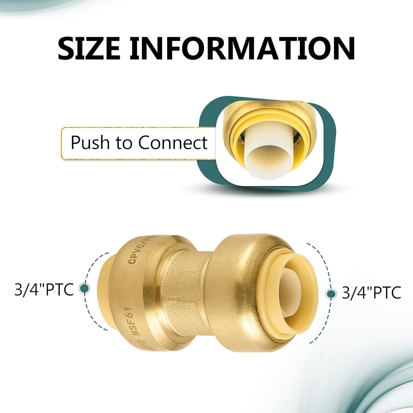 5-Pack Niikappu Push Fit Fittings, 3/4" x 3/4" Brass Plumbing Fittings to Connect PEX, Copper, CPVC, Brass Straight Coupling With Disconnect Clip(PF008-5Pack)