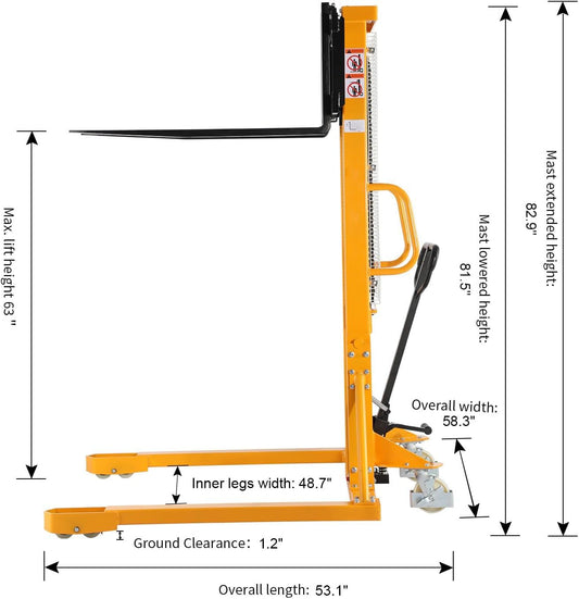 APOLLOLIFT Manual Forklift Pallet Straddle Legs Stacker Material Lifter 63" Lifting Height 2200lbs Max.Capacity-2PCS