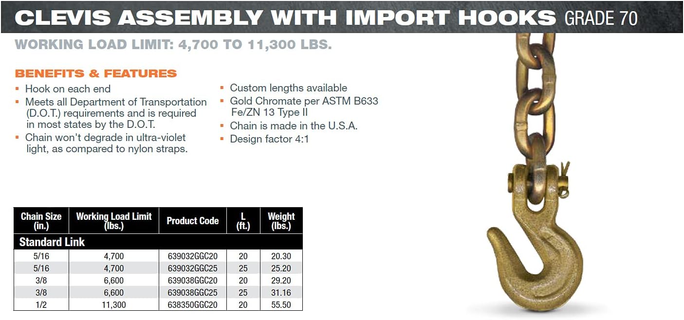 Mytee Products 3/8" x 20' Grade 70 Transport Binder Chain - Made in USA with G70 Grab Hooks - Tow Transport Binder Chain - 6,600 Lbs WLL