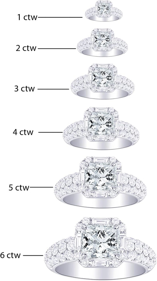 Houston Diamond District LAB GROWN Diamond Designer Popular Halo Style Baguette And Pave Set Round Cushion Cut Diamond Engagement Ring (E-F Color VS2-SI1 Clarity)