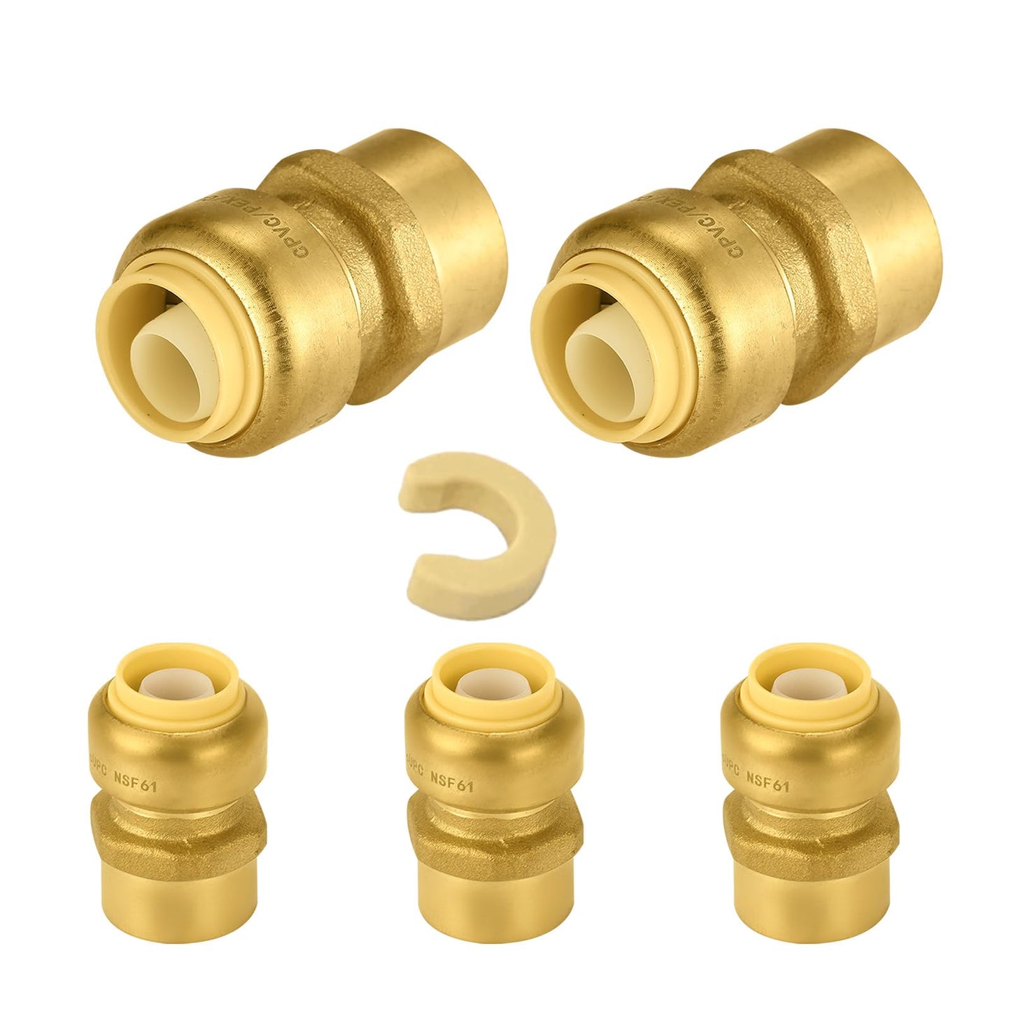 5 PCS Niikappu Push Fit 3/4 Inch x 1/2 Inch Female NPT Brass Adapters Push-Fit Fittings with Disconnect Clip to Connect PEX, Copper, CPVC Pipes
