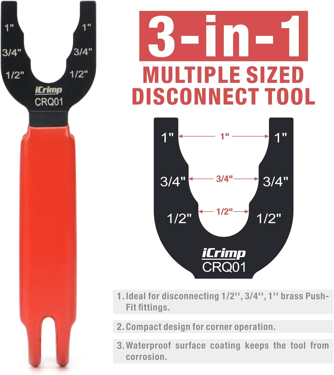 iCrimp CRQ01 Disconnect Tong Sized 1/2 inch, 3/4 inch, 1 inch, Removal Tool used for Demount Brass Push Fit, Push-to-Connect Fittings