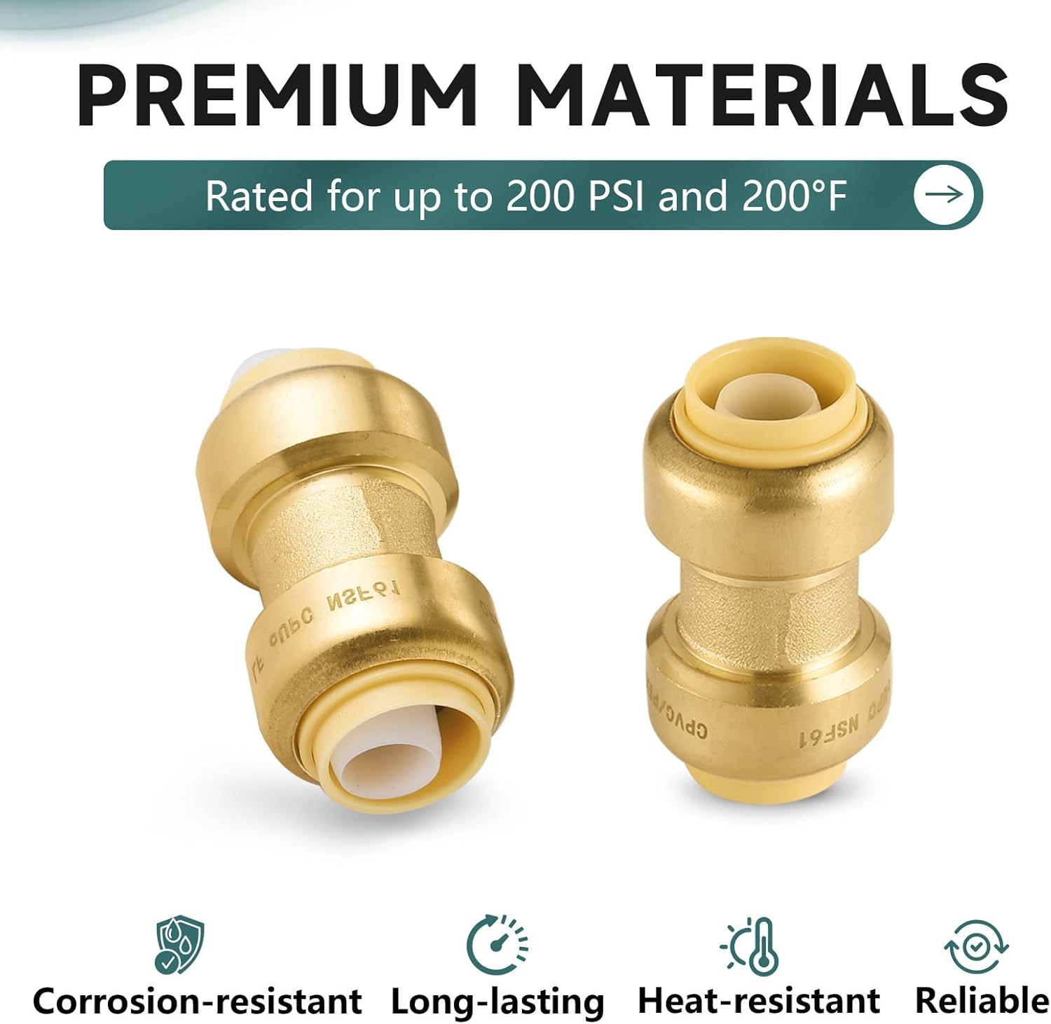 5-Pack Niikappu Push Fit Fittings, 3/4" x 3/4" Brass Plumbing Fittings to Connect PEX, Copper, CPVC, Brass Straight Coupling With Disconnect Clip(PF008-5Pack)