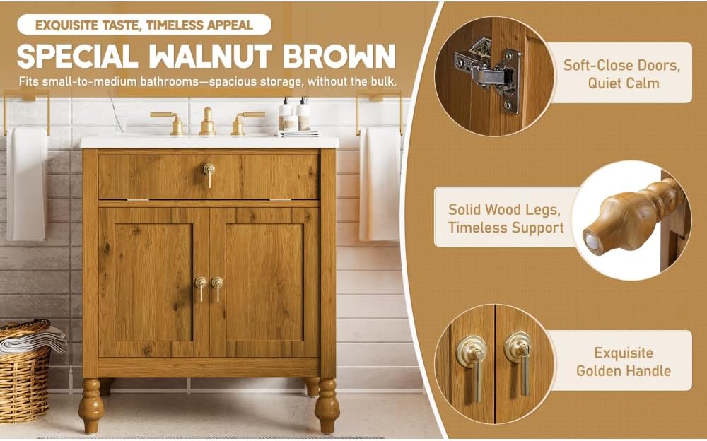 30-Inch Walnut Bathroom Vanity with Shell-Shaped Sink, Flip-Up Storage & Soft-Close Doors, 2 Tier Storage Cabinet, Ample Capacity,Modern Farmhouse Design – Small & Medium Bathrooms