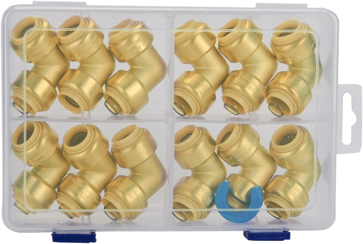 SUNGATOR 1/2 Inch 90 Degree Elbow, Push Pex Elbow 1/2 Inch, No Lead Brass Push-to-Connect Plumbing Fittings for PEX Pipe, Copper, CPVC, with 1 Disconnect Clip, Pack of 12