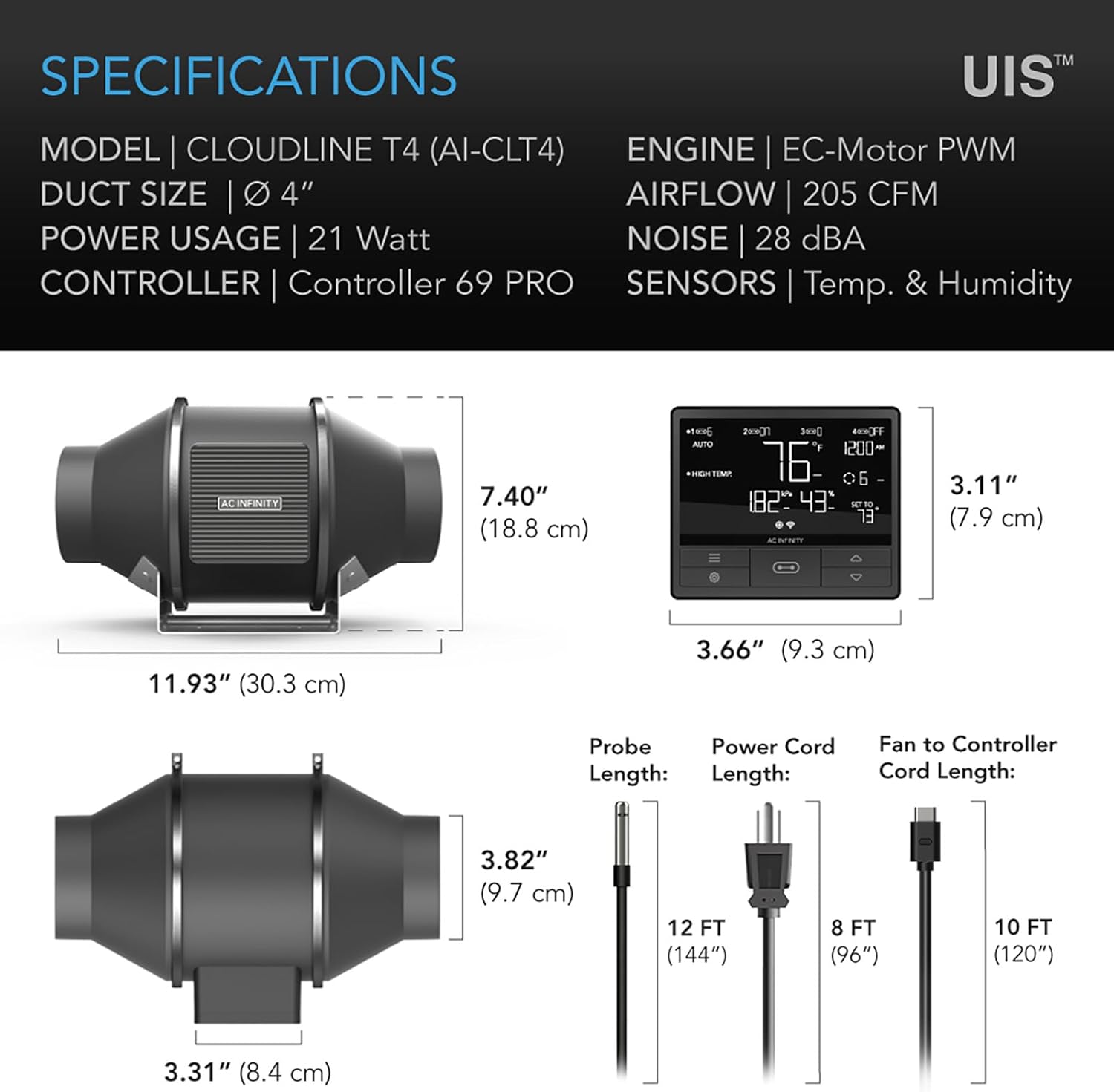 AC Infinity CLOUDLINE PRO T4, Quiet 4” Inline Duct Fan with Temperature Humidity VPD Controller, WiFi Integrated App Control - Ventilation Exhaust Fan for Heating Cooling, Grow Tents, Hydroponics