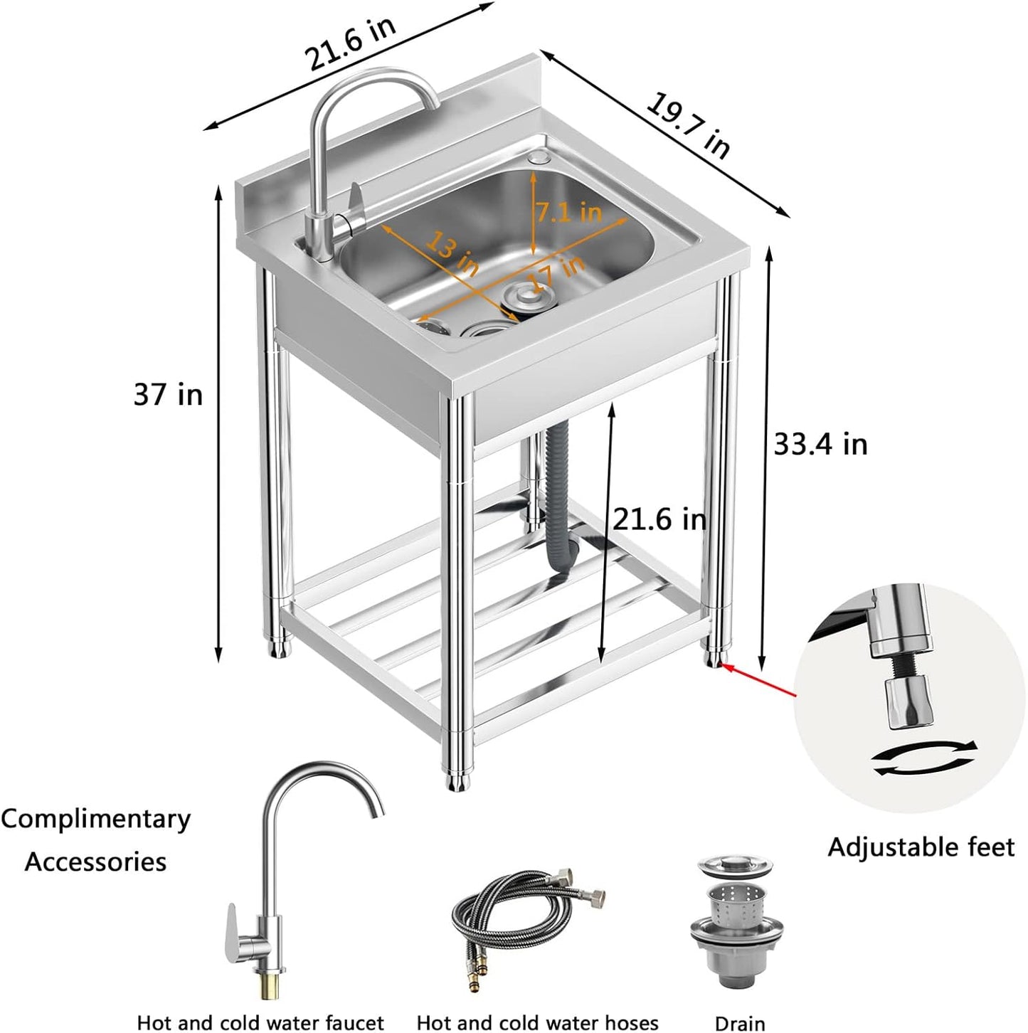 Free Standing Stainless-Steel Single Bowl Commercial Restaurant Kitchen Sink Set w/Faucet, Prep & Utility Washing Hand Basin w/Storage Shelve, laundry tub for Indoor Outdoor (22in)