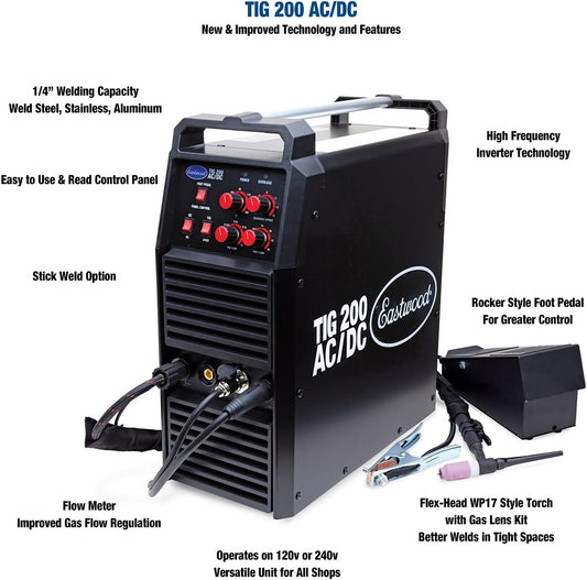 Eastwood 200 Amp AC/DC TIG Welder for Welding Steel Aluminum and Cart