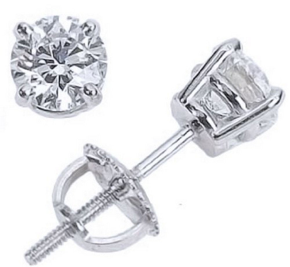1 to 2 Carat Solitaire Diamond Stud Earrings Round Brilliant Shape 4 Prong Screw Back (J-K Color, VS2-SI1 Clarity)