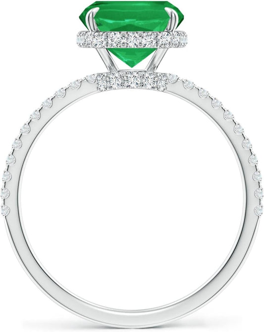 Angara Natural Emerald Ring for Women | Thin Shank Cushion Emerald Ring with Diamond Accents in 14K Solid Gold | May Birthday, Anniversary, Gemstone Jewellery Gift