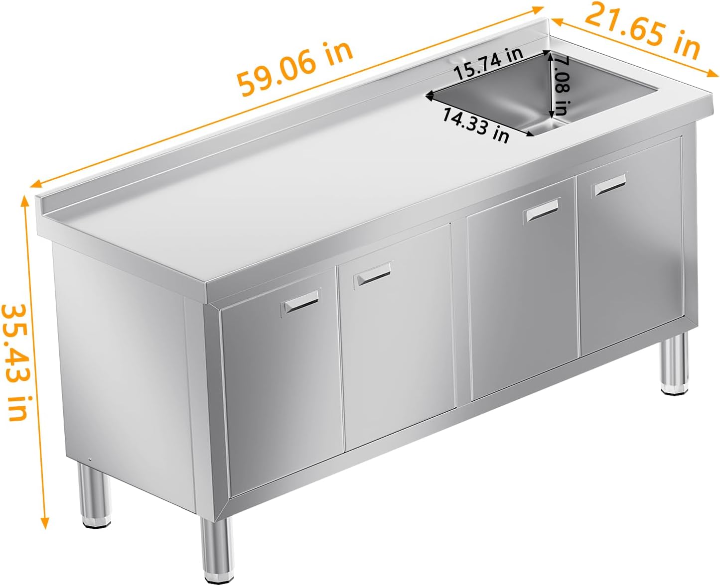 WWK 59" x 21" Stainless Steel Sink with Cabinet, Freestanding Utility Sink Laundry Sink, Heavy Duty Commercial Kitchen Sink for Outdoor, Restaurant, Hotel, Cafe, and Garage, 21D x 59W x 35H inches