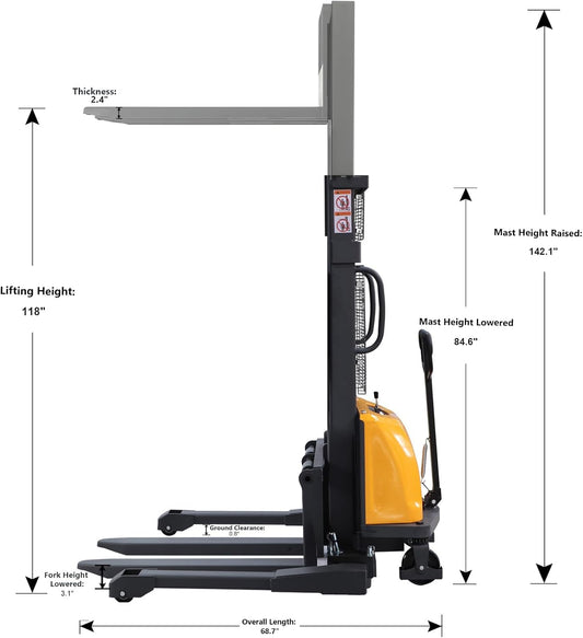 APOLLO Semi-Electric Pallet Stacker, 3300 lbs Capacity, 118" Lifting Height Material Lift, Forklift with Straddle Legs and Forks