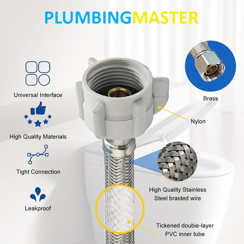 (6pcs 20 inch) PLUMBINGMASTER Toilet Water Supply Line,3/8" Comp x 7/8" BC Braided Stainless Steel Toilet Supply Line,Toilet Connector Hose with Anti-Leaking Brass Nut