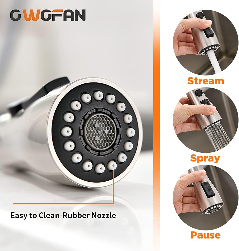 OWOFAN Brushed Nickel Kitchen Faucets Pull Down Sprayer Kitchen Sink Faucet Pull Out Sprayer 1 Hole 1 Handle Stainless Steel 68R-866068SN