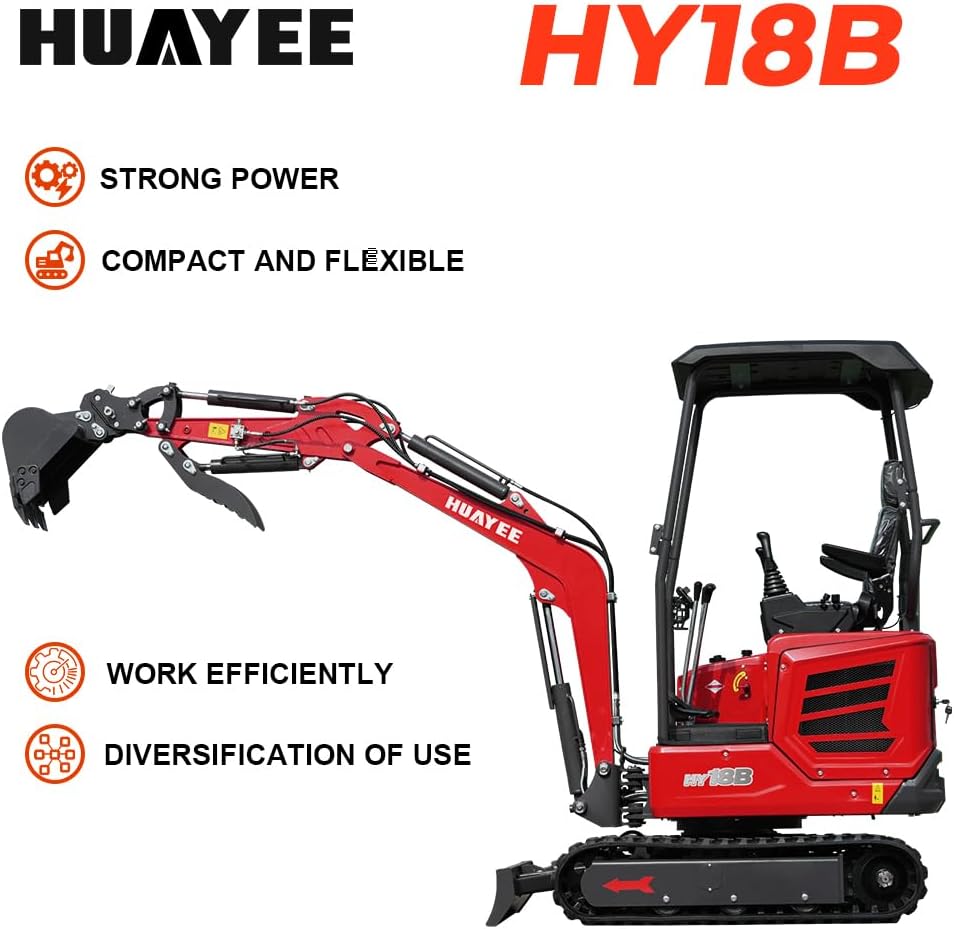 HY18B 2T Mini Excavator, KubotaDiesel 14HP, w/Pilot Controls Side Swing Boom for Construction Landscaping, Includes Hydraulic Thumb & Semi-Auto Quick Coupler, Includes delivery & unloading services