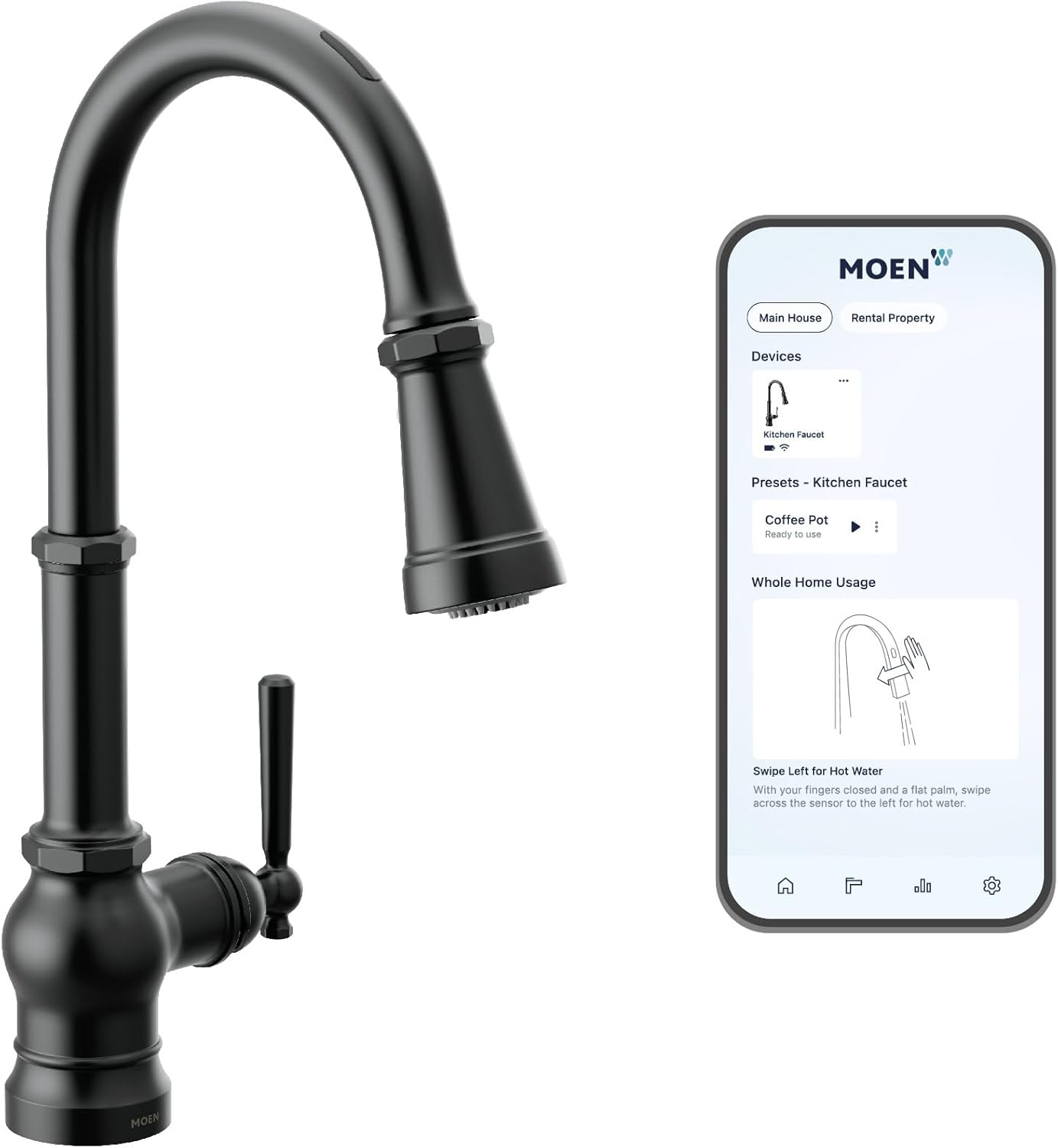 Moen Paterson Matte Black Smart Faucet Touchless Pull-Down Sprayer Kitchen Faucet with Voice and Motion Control, S75003EV2BL