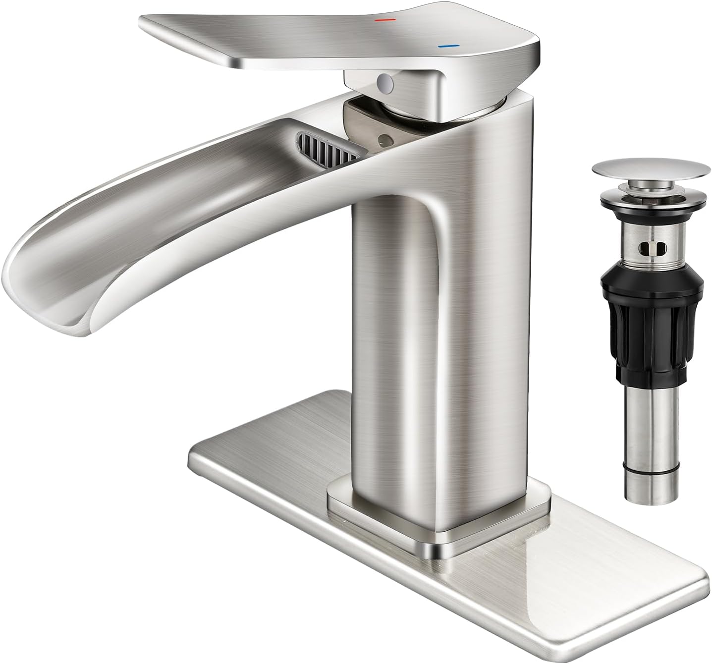 Bathroom Faucet Brushed Nickel OWOFAN Waterfall Washbasin Faucet with Pop Up Drain Single Handle Vanity Farmhouse RV Vessel Basin Mixer Tap Suitable for 1 or 3 Holes Supply Deck Plate and Hose
