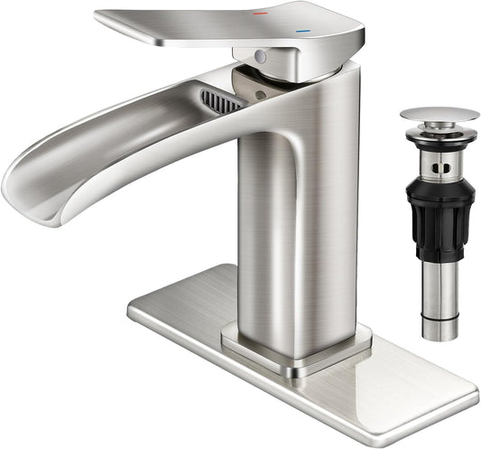 Bathroom Faucet Brushed Nickel OWOFAN Waterfall Washbasin Faucet with Pop Up Drain Single Handle Vanity Farmhouse RV Vessel Basin Mixer Tap Suitable for 1 or 3 Holes Supply Deck Plate and Hose
