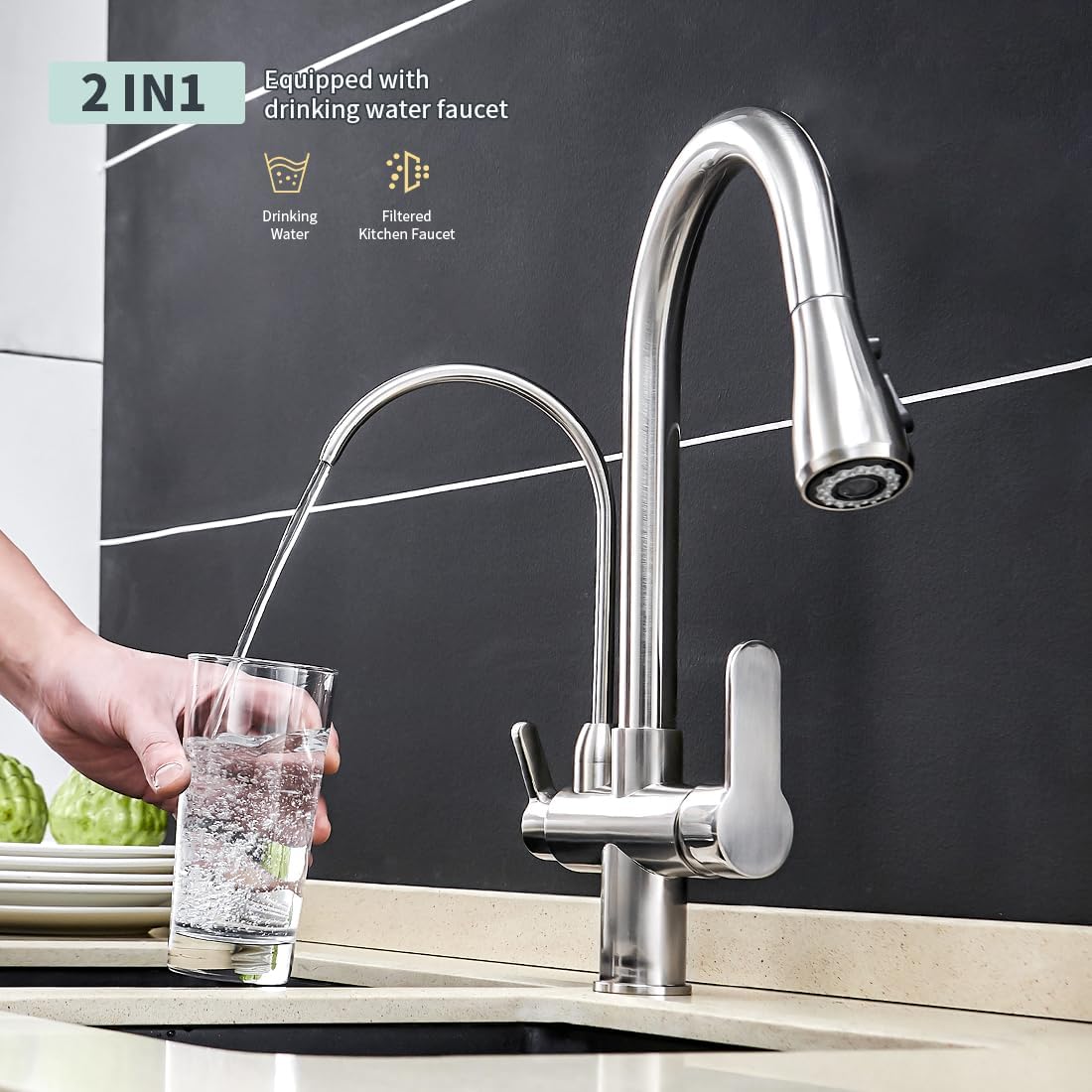 WANFAN Kitchen Sink Faucet with Pull Down Sprayer 2 Handle 3 in 1 Water Filter Purifier Faucets Brushed Nickel 0195SN