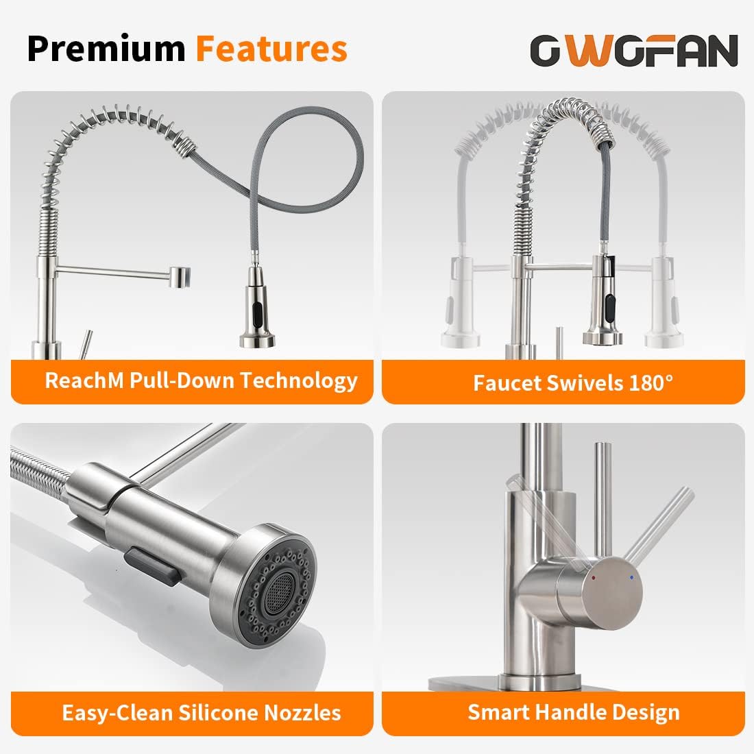 OWOFAN Kitchen Faucet with Pull Down Sprayer Brushed Nickel Stainless Steel 1 Handle Pull Out Spring Sink Faucets 1 Hole Or 3 Hole Dual Function for Farmhouse Camper Laundry Utility Rv Wet Bar