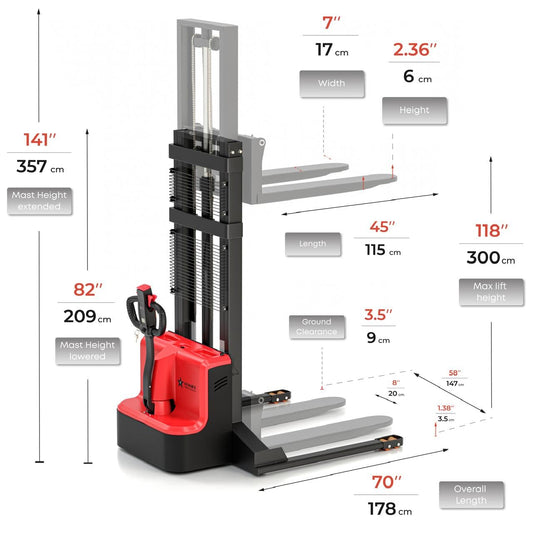 Full Electric Forklift Walkie Pallet Stacker 3300 Lb Capacity 118 Inch Lifting Height and Full Electric Power Pallet Jack 3300 Lb Capacity 48” L x 27” W Fork Size