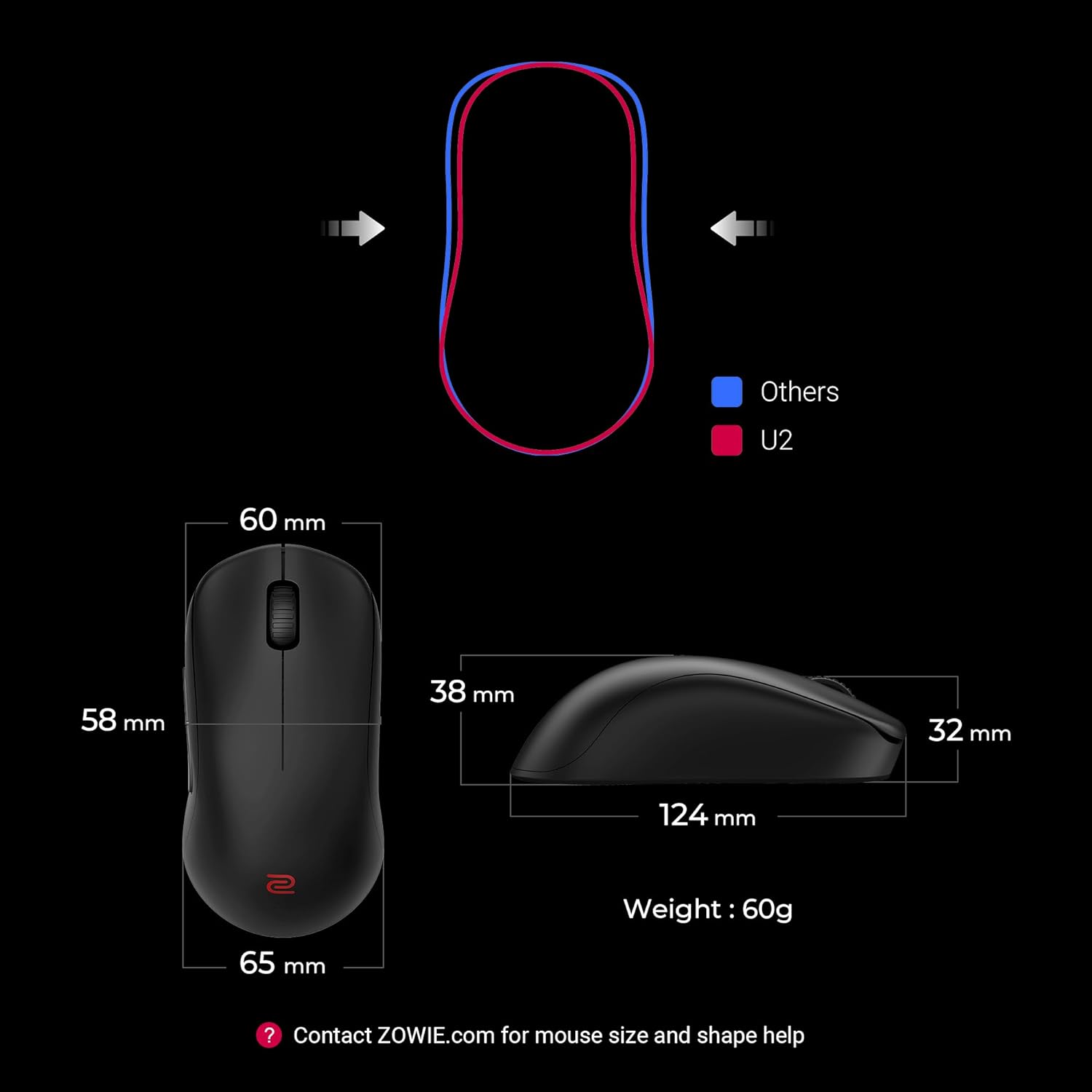 BenQ Zowie U2 Wireless Gaming Mouse | Esports, Sport Science | Enhanced Receiver | 60g Lightweight | 3200 DPI Sensor | 5 Buttons | 70 Hr Battery Life | Driverless