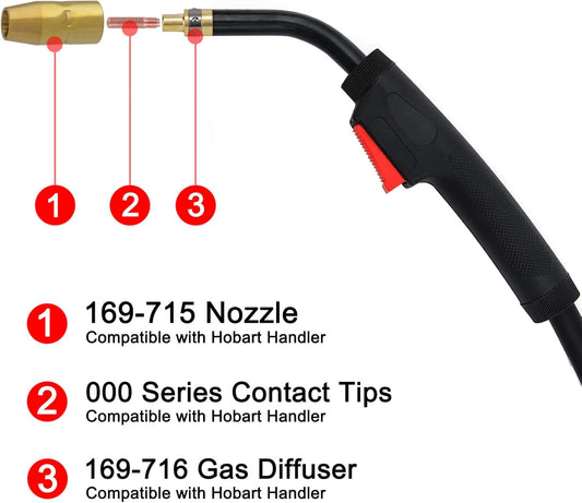 MIG Welding Gun Torch fits Hobart 245926 Hobart Handler 190/210/210MVP Mig Welders Parts,100A 15ft Hobart Welder Replacement Hobart H100S4-10 245926 with .030" .035" Tip-Nozzle-Diffuser