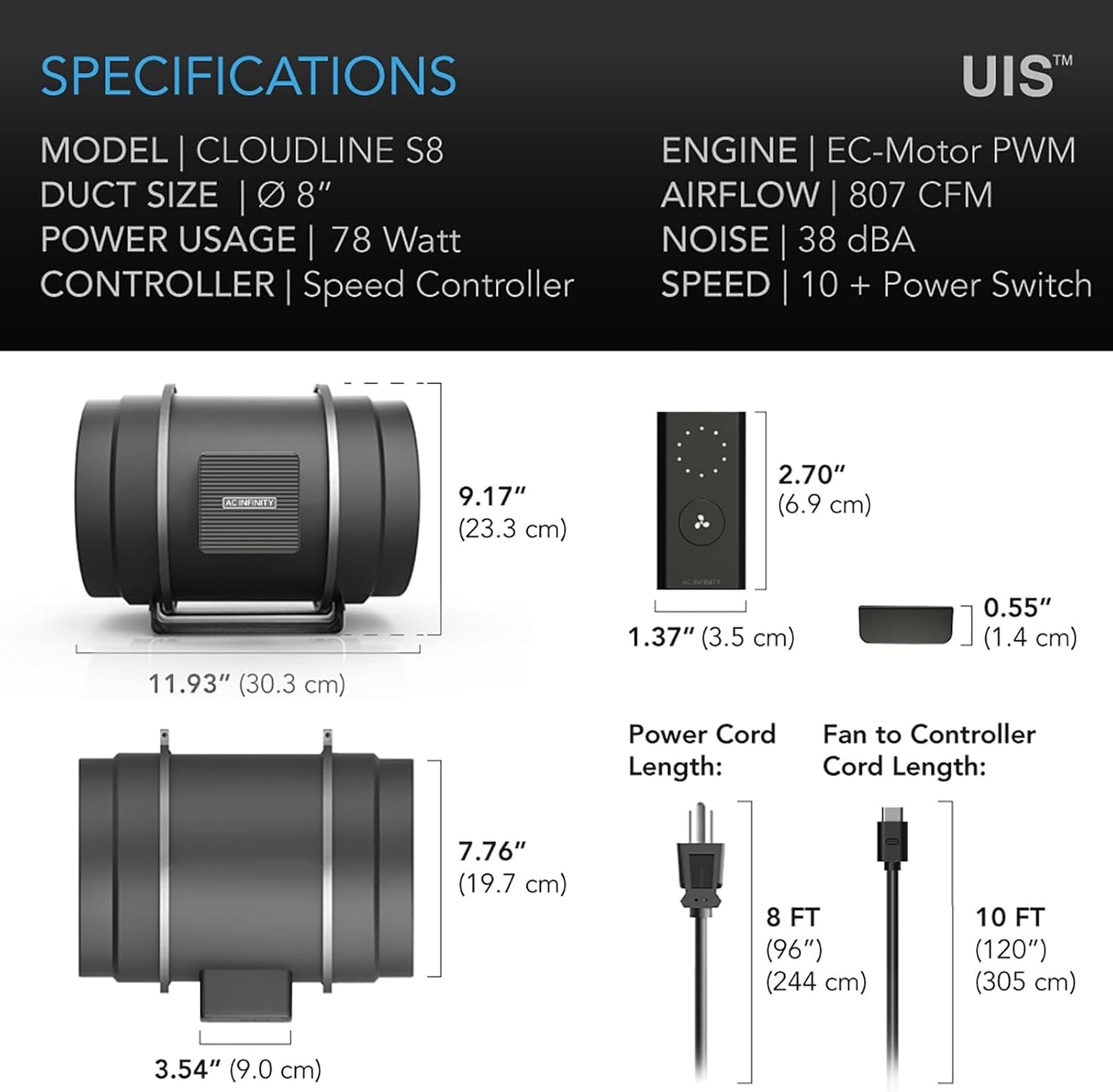 AC Infinity CLOUDLINE S8 PRO, Quiet 8” Inline Duct Fan with 10-Speed Controller, EC-Motor Ventilation Exhaust Fan for Heating Cooling Booster, Grow Tents, Hydroponics