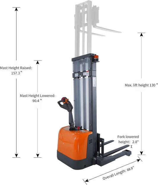 Tory Carrier Full Electric Pallet Stacker 3300 lb. Capacity 130'' Lift Height Walkie Forklift with Adjustable Forks and Legs, Material Lift with Gel Battery Suitable for Narrow Spaces