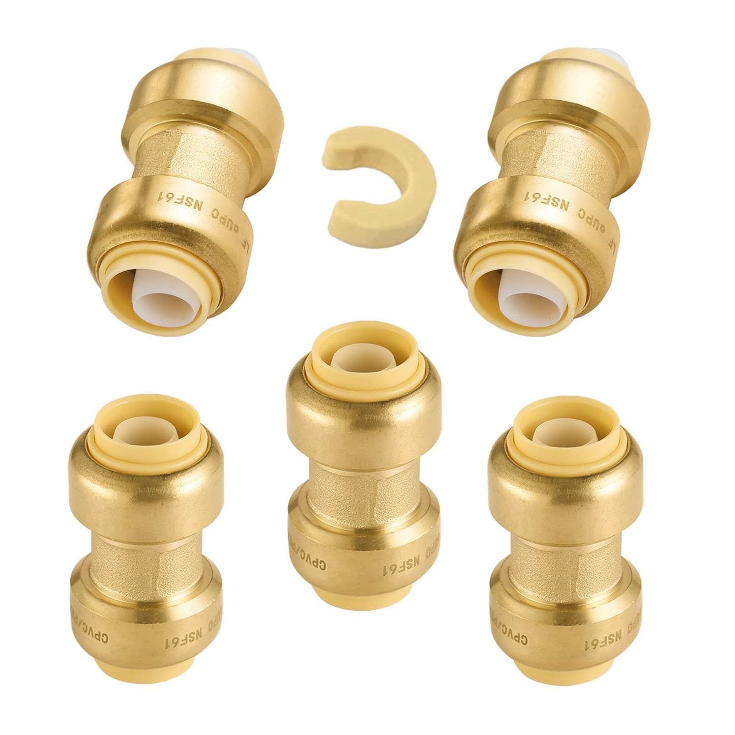 5-Pack Niikappu Push Fit Fittings, 3/4" x 3/4" Brass Plumbing Fittings to Connect PEX, Copper, CPVC, Brass Straight Coupling With Disconnect Clip(PF008-5Pack)