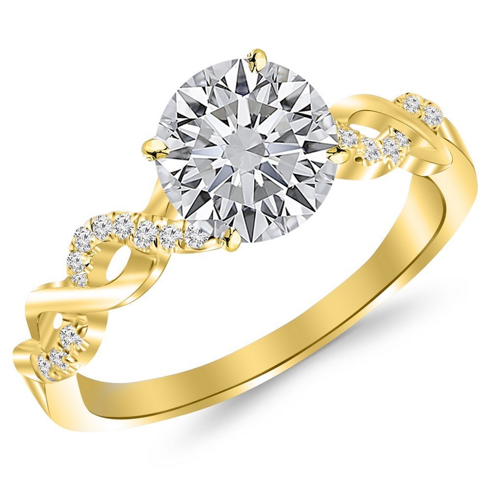 Houston Diamond District 0.63 Carat Twisting Infinity Gold and Diamond Split Shank Pave Set Diamond Engagement Ring with a 0.5 Carat J-K I2 Center