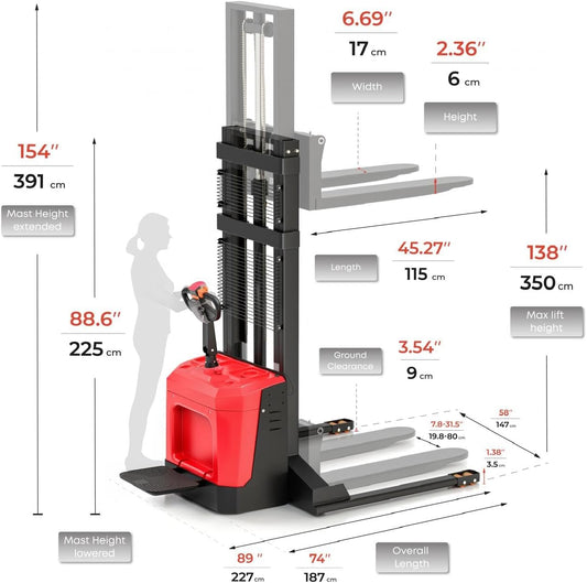 Full Electric Forklift Walkie Pallet Stacker with Stand - Fixed Straddle Legs and Adjustable Forks 5.50 Inch to 27 Inch – Material Lifter 3300lbs Capacity 138 Inch Lifting Heights - 2 Pack
