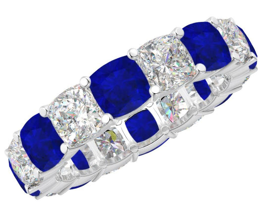 1-7 Carat Cushion 14K White Gold Natural Sapphire and Diamond Wedding Band (AAAA Heirloom Quality)