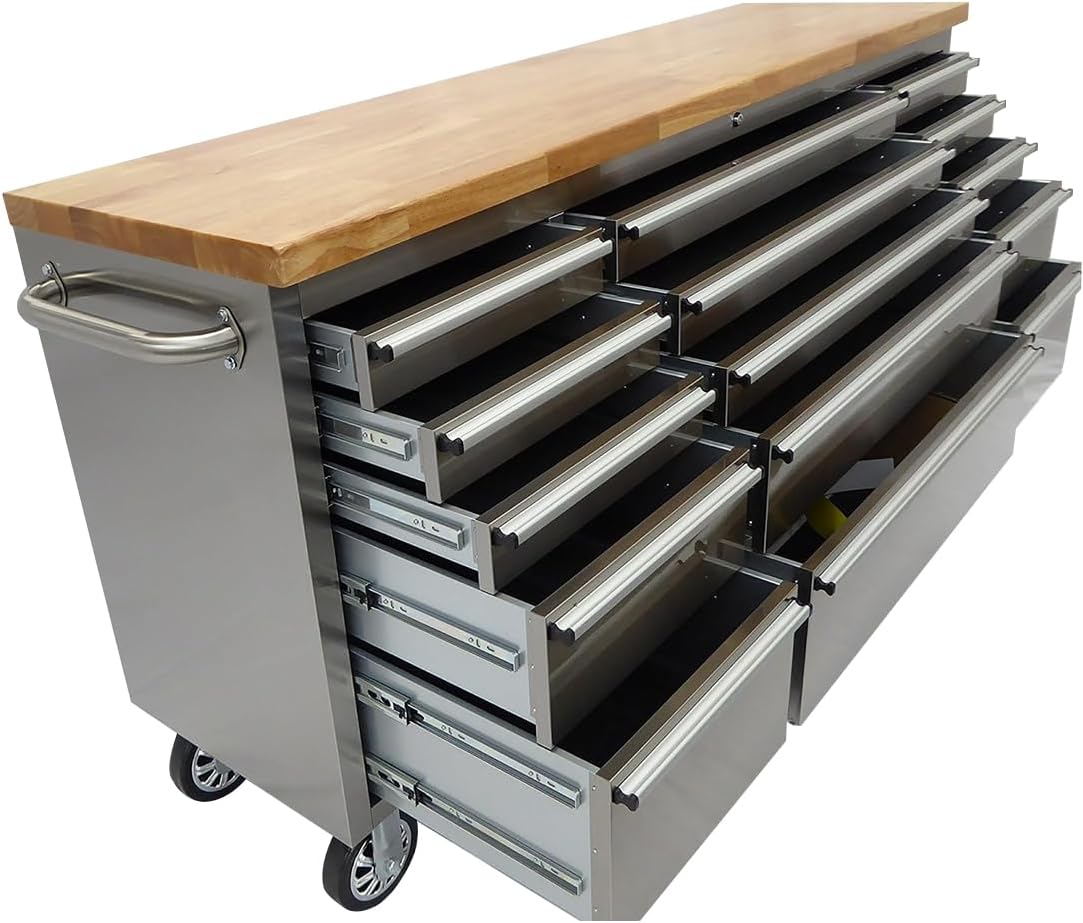 72 inch Tool Chest with 15 Drawers for Garage, Workbench and Repair Store, Tool Cabinet in Stainless Steel (72 inch - Stainless Steel)