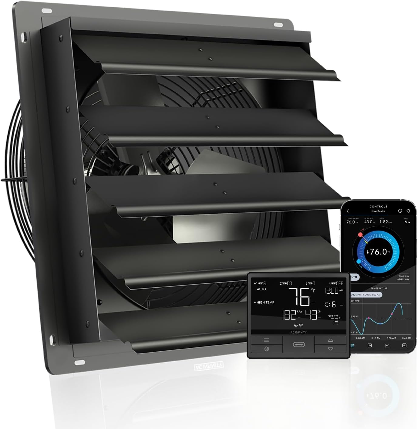 AC Infinity AIRLIFT T16, Shutter Exhaust Fan 16" with WiFi Temperature Humidity Controller, EC-Motor Wall Mount Ventilation and Cooling for Sheds, Attics, Workshops, and Greenhouses