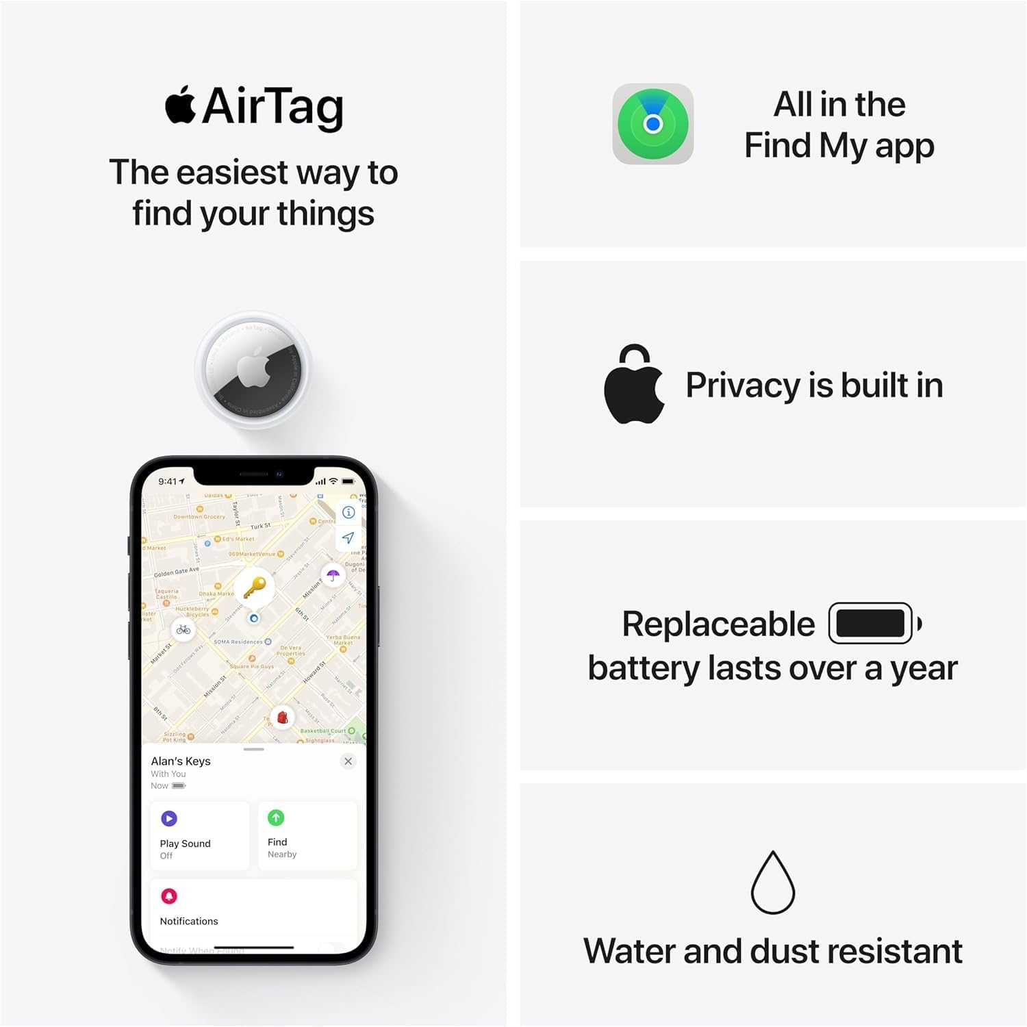Apple AirTag 4 Pack. Keep Track of and find Your Keys, Wallet, Luggage, Backpack, and More. Simple one-tap Set up with iPhone or iPad