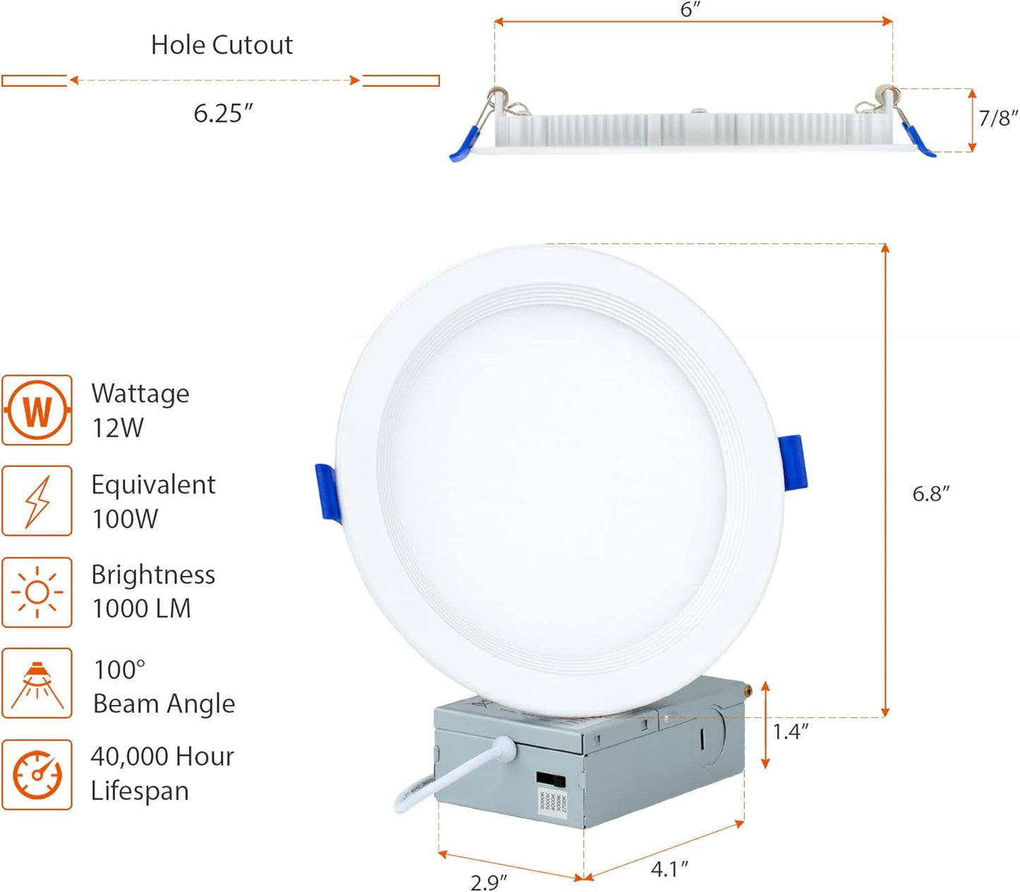PROCURU Professional 24-Pack 6-Inch 2700K-6000K 5CCT 12W LED, Baffle Style, Heavy Duty Ultra-Thin Recessed Ceiling Slim Downlight, Dimmable, White Trim (VSB65W-24P)