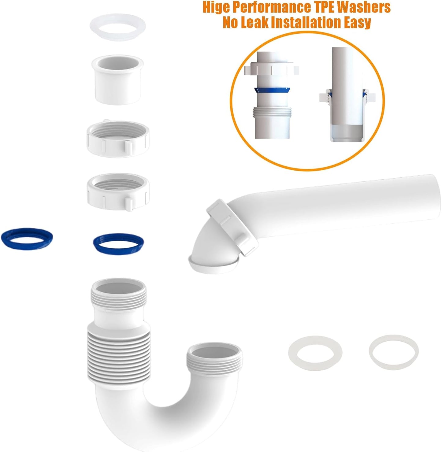 Flexible P Trap for Bathroom Sink, Flex Drain Pipe for Bathroom Sink Drain Kit and Kitchen Sink Drain Kit, 1-1/2" or 1-1/4" Expandable Sink Trap, Slip Joint or Direct Connection 1/2 Inch P Trap Kit