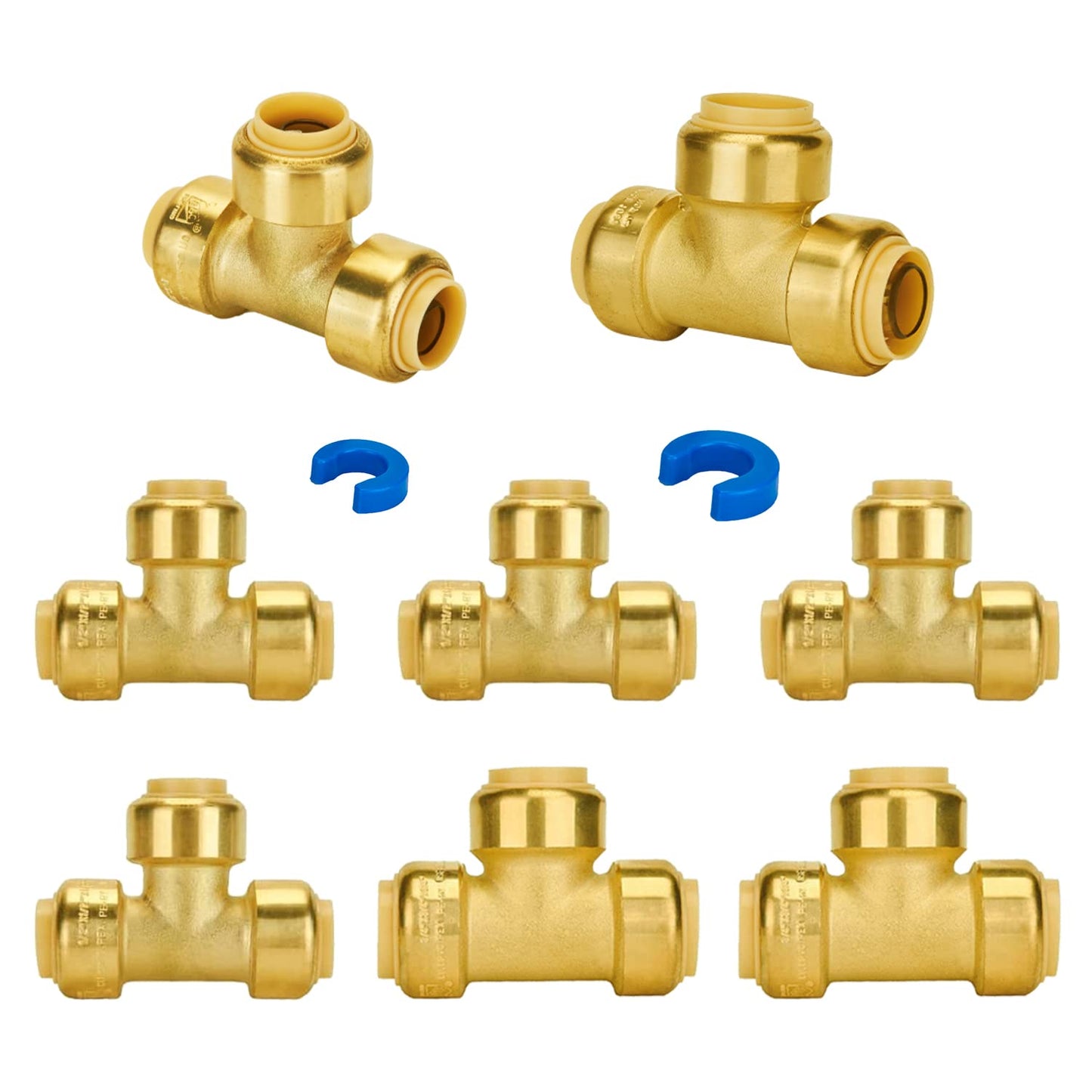 SUNGATOR 1/2 Inch Tee, Push Pex Tee Plumbing Fittings 1/2 Inch, No Lead Brass Push-to-Connect T Plumbing Fittings for PEX Pipe, Copper, CPVC, with 1 Disconnect Clip, Pack of 12