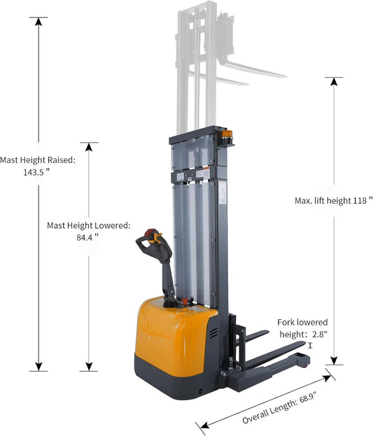 APOLLOLIFT Full Electric Stacker, 3300 lbs Capacity 118“ Lift Height Powered Walkie Forklift Stackers with Straddle Legs, Power Drive and Lift Material Lift with Adjustable Forks