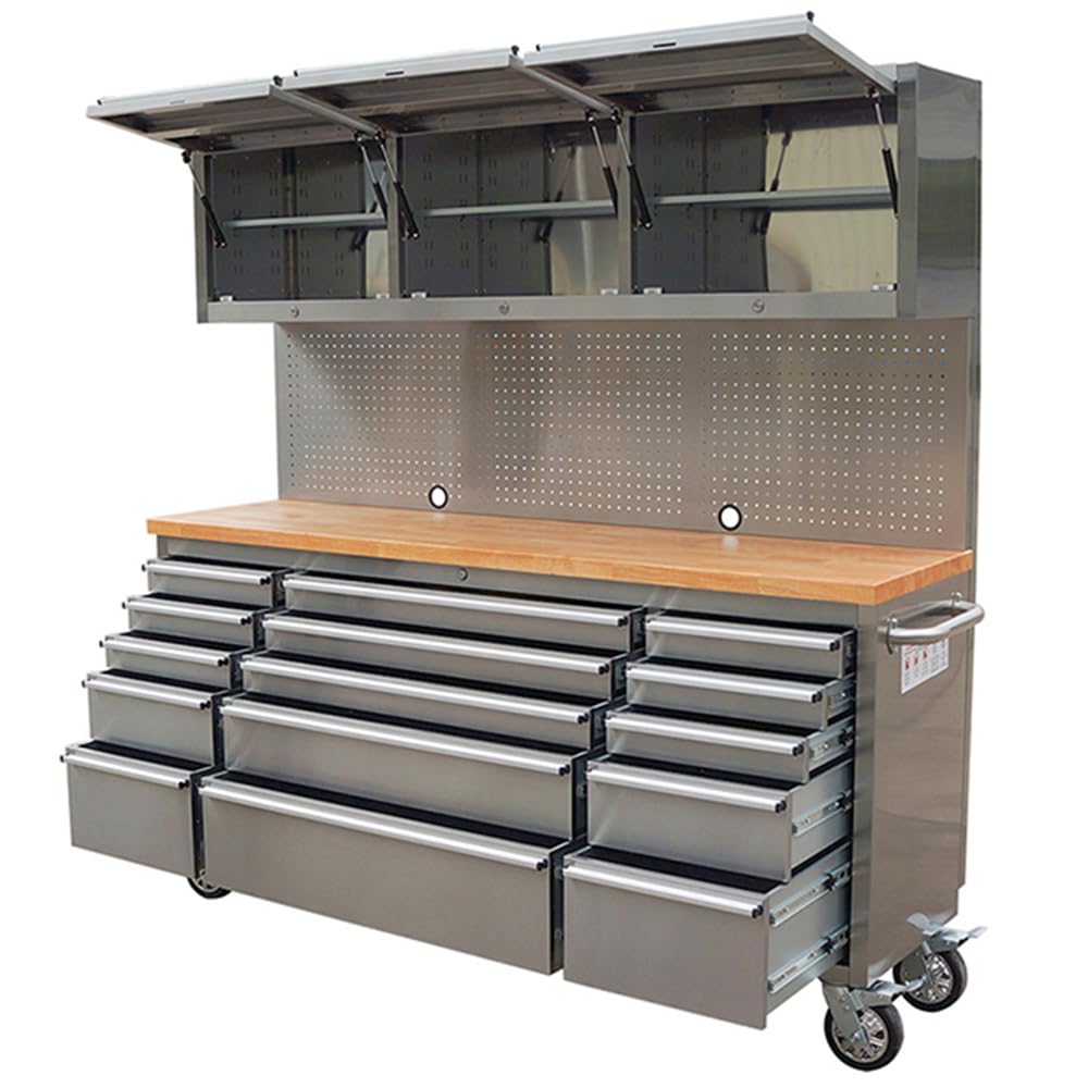 72 inch Tool Chest with 15 Drawers for Garage, Workbench and Repair Store, Tool Cabinet in Stainless Steel (72 inch - Stainless Steel)