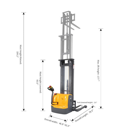 APOLLO Full Electric Stacker Powered Straddle Forklift and Legs 3300lbs Capacity 177''Lifting Height with Adjustable Forks Material Lifter Suitable for Narrow Space Warehouse or Factory